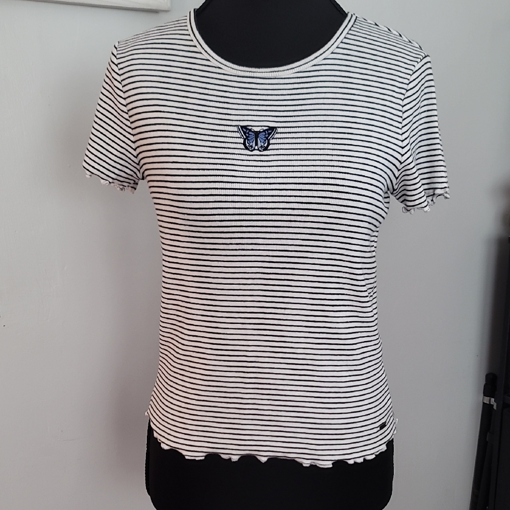 Hollister Black and White Striped Tee with Butterfly Accent